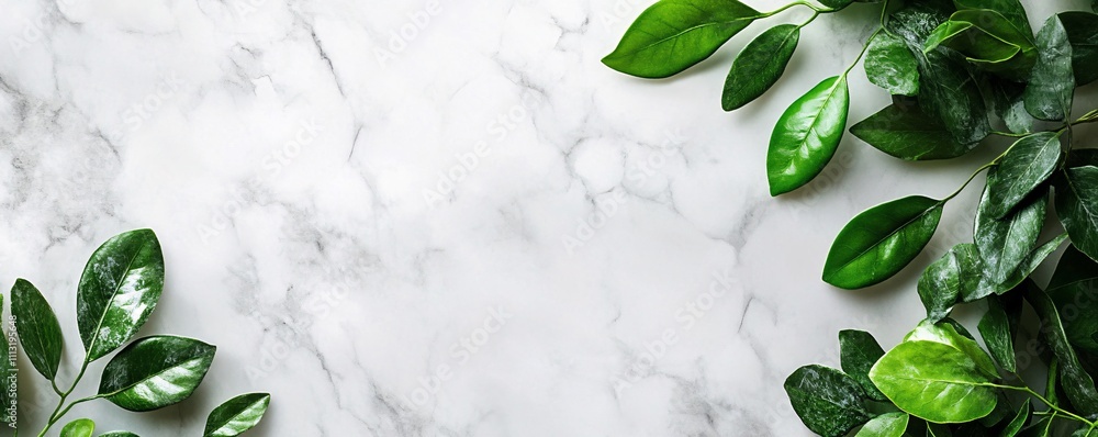 Poster green leaves bordering white marble background creating empty space