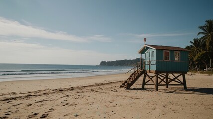 Obraz premium Secluded beach lifeguard tower on sandy shore.