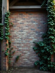 Rustic red brick wall with wooden beams and vines, country cottage, vintage decor, wooden beams, natural textures