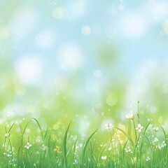 Obraz premium A realistic, softly blurred spring background in vector format, featuring gentle gradients of pastel green and blue. In the foreground, hints of blooming flowers and tender green grass add to the