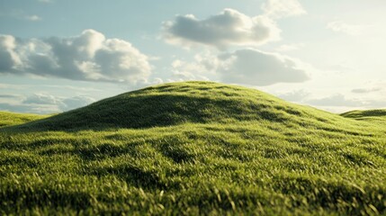 Obraz premium A serene landscape featuring rolling green hills under a bright sky with fluffy clouds.