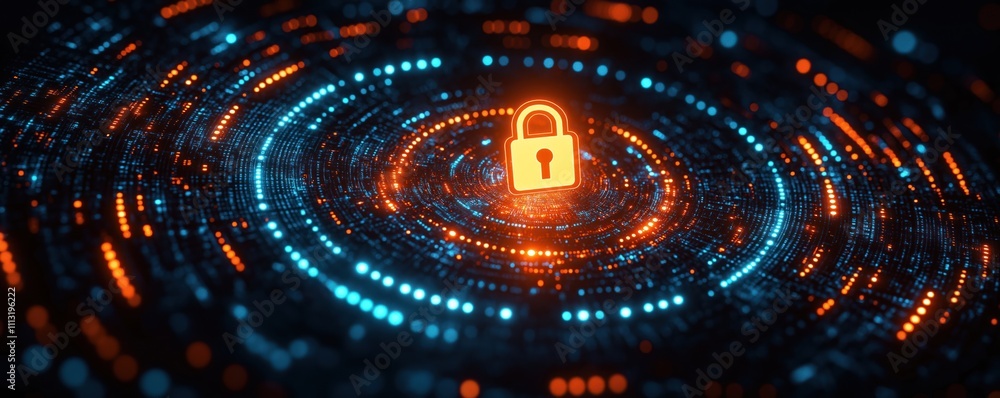 Poster abstract tech illustration shows glowing data circles with central lock symbol. dynamic data stream 