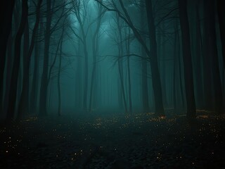 Shimmering golden glitter particles hovering above a dark and mysterious forest floor, sparkling foliage, undergrowth, autumnal landscape, woodland, trees