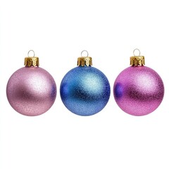 Obraz premium Three colorful Christmas baubles in pink, blue, and purple isolated on a white background.