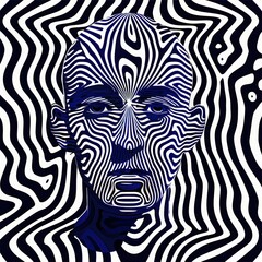 Abstract portrait of a stylized human face featuring intricate black and white wavy patterns. Emotional expression reflecting curiosity and intrigue within a surreal context.
