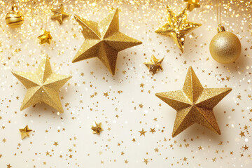 Obraz premium Gold stars scattered on a white background, shining brightly in random positions, creating a festive and cheerful vibe.