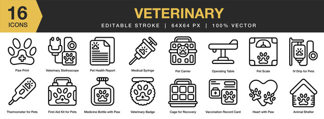Veterinary icon set. Editable Stroke Icon Collection. Includes animal, care, pet, clinic, medical, veterinary, and More. Outline icons vector collection.