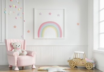 A white and pastel pink nursery with a plush armchair. a teddy bear. a rainbow picture. and a wooden toy car