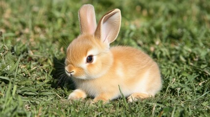 Fototapeta premium A cute, fluffy rabbit resting on green grass.