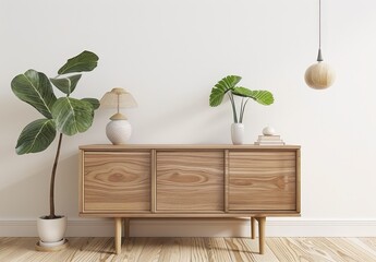 Wooden cabinet with plants and lamp on white wall background