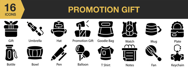 Promotion Gift solid icon set. Includes holiday, discount, present, advertising, surprise, and More. Solid icons vector collection.