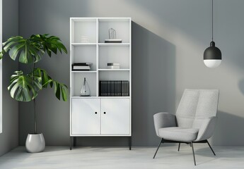 Modern white bookshelf with closed cabinets and a grey armchair in a minimalist living room with a large plant. sunlight streaming through a window. and a black pendant lamp