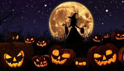 moonlit night pumpkins and witch silhouette