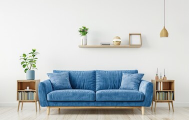 Minimalist living room interior with a blue sofa. wooden end tables. and a shelf with plants and decor