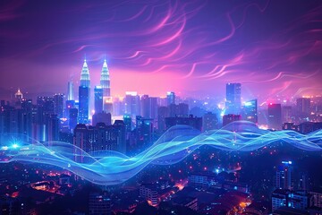 Obraz premium Nighttime Cityscape with Digital Waves