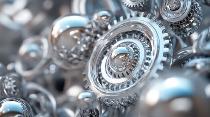 Obraz premium Complex machinery gears and cogs in motion, close-up view of polished metal parts.