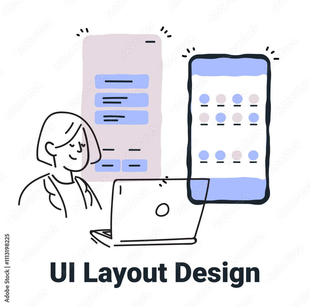 Poster ui layout design concept with person working on laptop and app screens in minimalist hand drawn styl