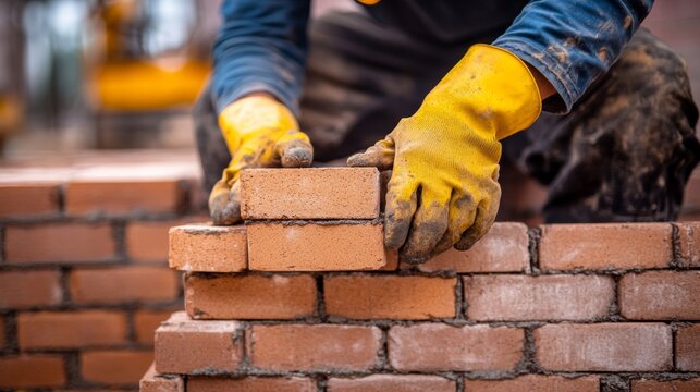 A detailed view of a masonry worker laying bricks with precision, wearing protective gloves and a hard hat, Masonry work site scene