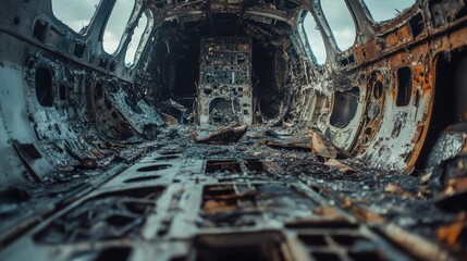 Obraz premium Interior of a burned-out aircraft, showcasing damage and decay.