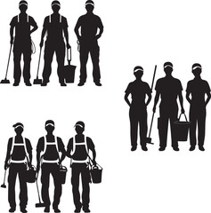 Silhouette of cleaning team, ready to clean vector silhouette