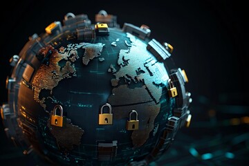 3D rendering of a globe with walls and padlocks around specific regions, hightech look