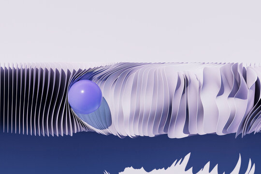 Blue sphere embedded in abstract wave of layered curves