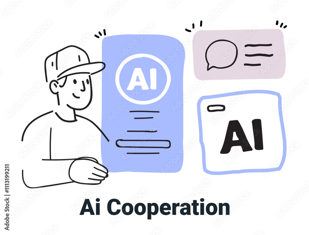 Poster ai cooperation concept with person interacting with ai elements featuring speech bubble and digital 