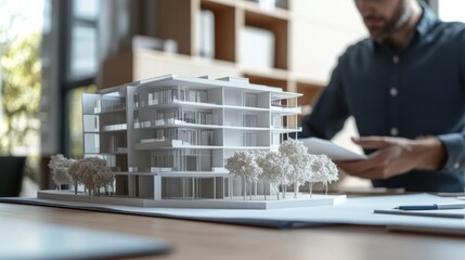 A detailed view of an architect presenting a 3D model of a new building design, Architect's office scene, Modern and innovative style