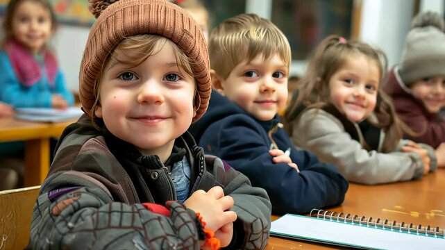 primary elementary school group of children studying in the classroom. learning and sitting at the desk. young cute kids smiling, high quality photo 