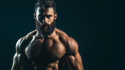 Strong athletic man showing muscular body posing over black background