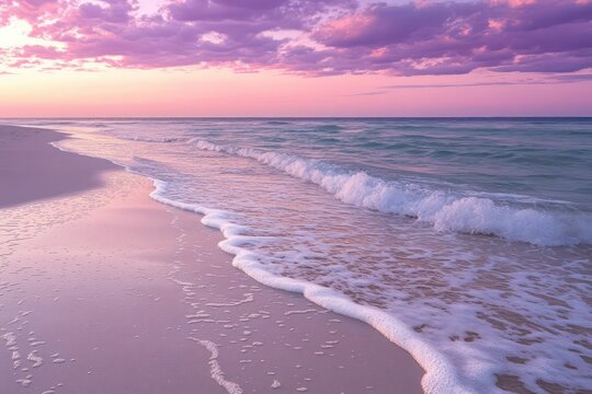 Sandy beach at dusk with a pink and purple sky, soft waves lapping at the shore, viewed from a close angle.