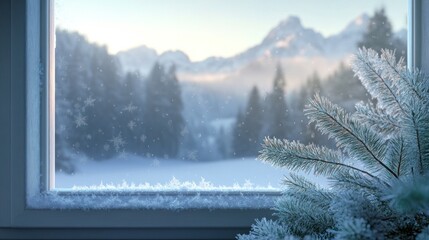 Quiet Winter Morning with Frost on Window and Snow-Covered Mountains in Distance