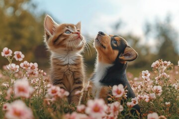 Cute kitten and puppy sitting among spring flowers looking upward. Springtime scene. Friendship between pets. Perfect for banner or poster design. Springtime beauty. Adorable animals in flower field.