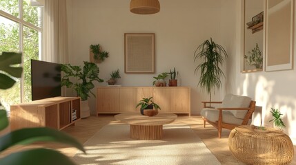 Minimalist Living Room with Natural Wood Furniture Plants and Eco-Friendly Decor