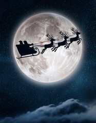 Naklejka premium Santa Claus flies his sleigh pulled by reindeer through a starry night sky with a full moon