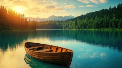 Photo of a wooden boat on a turquoise lake with a forest and mountains in the background