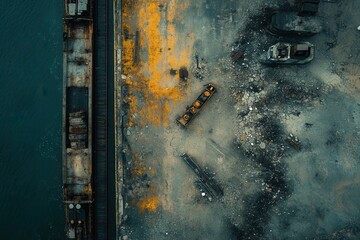 Aerial view of a scrapyard by a waterway.