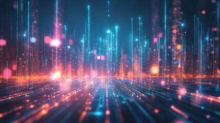 Abstract digital landscape with glowing lines and particles.