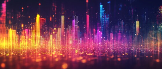 A vibrant digital cityscape with colorful light patterns.