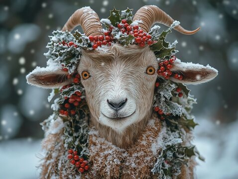 Festive goat adorned with holly, berries. Winter scene with snow. Perfect for greeting cards. Yule goat wearing festive decoration. Holiday card wallpaper design. Fantasy winter concept. Pagan