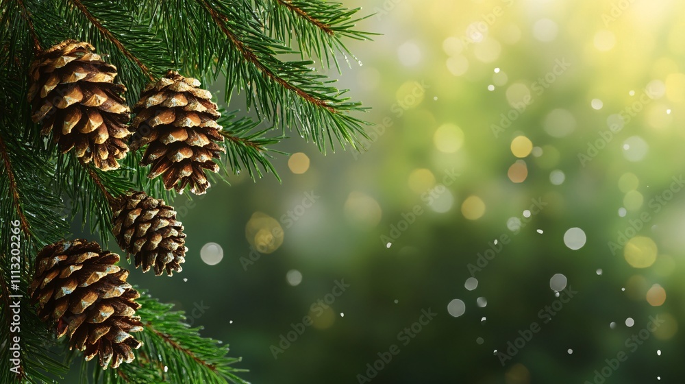 Poster christmas tree branch with pine cones on a sparkling bokeh background