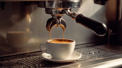 Espresso machine pouring coffee into a white cup. (1)