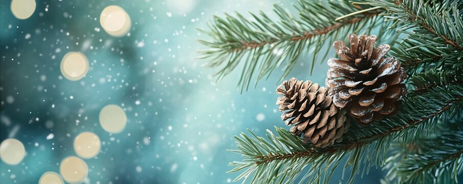 Pine cones hanging on pine tree branch with falling snow and bokeh lights - Powered by Adobe