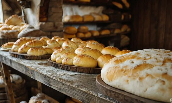 A rustic display of various types of freshly baked bread on wooden shelves.