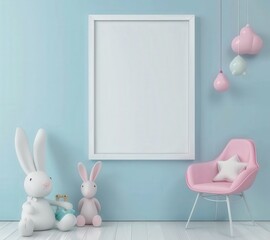 White frame mockup with plush toys on a blue wall with pink chair and cloud decorations