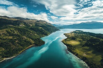 Obraz premium Aerial view of a serene lake nestled between lush green mountains under a vibrant blue sky.