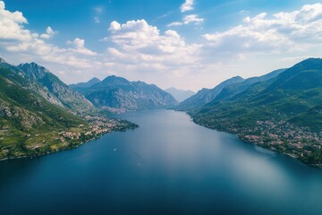 Fototapeta premium Aerial view of a serene lake nestled between majestic mountains under a vibrant blue sky.