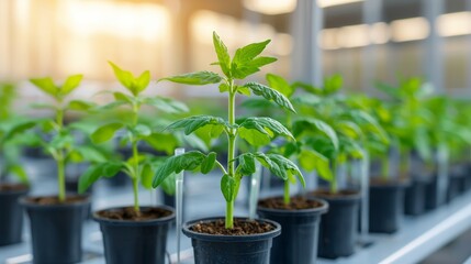 Fototapeta premium Growing green young plants in a modern greenhouse agricultural innovation bright environment close-up view for eco-friendly gardening