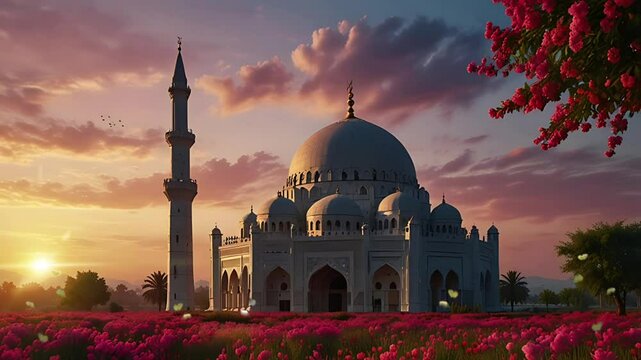 A luxurious and magnificent mosque building on the edge of a flower field. Seamless 4K looping timelapse video animation background