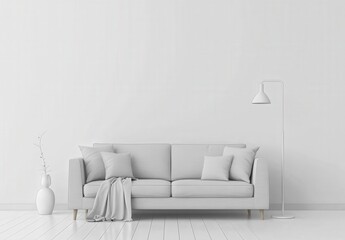 Minimalist living room interior with a white sofa. floor lamp. and vase